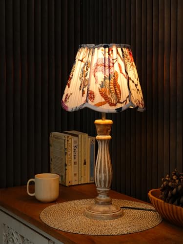 Image of Green Girgit Wooden Distress White Athens Lamp with Pleeted Multicolor Red Floral Lotus Shape Lamp Shade