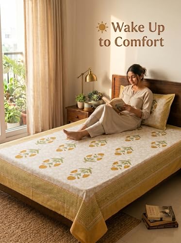 Image of Mafatlal 144 TC Pure 100% Cotton Twin Bed Sheet with Pillow Cover | 90x60 inches | Bedcover for Single Size Bed, Jaipuri Prints | Light Yellow