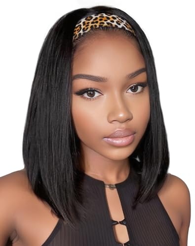 QUEENTAS 12 Inch Headband Wigs for Black Women Black Natural Straight Synthetic Heat Resistant Hair for Daily Use Dating Wear and Go Glueless Bob Wig Shoulder Length (#1B)