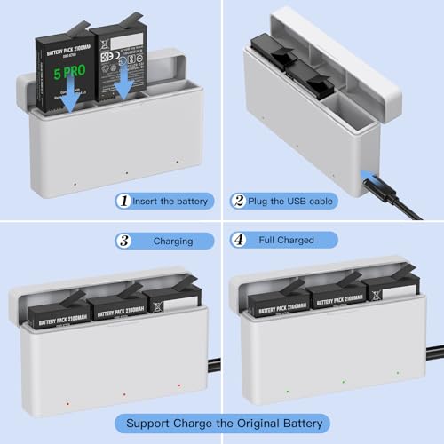 Image of Action 5 Pro 4 3 Replacement Battery with 2 Charger Hub, 2100mAh Rechargeable Battery Compatible with DJI Osmo Action 5 Pro 3 /4(White, 2 Pack Batteries)