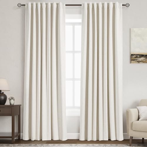 Image of Nanspring Beige White 100% Blackout Linen Curtains 84 Inch Length 2 Panels Set for Bedroom Back Tab Rustic Modern Farmhouse Decor Black Out Curtain for Living Room Thermal Insulated Drapes 52x84