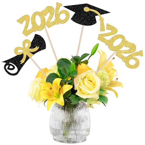 12 PCS Double Sided Glitter 2026 Graduation Party Centerpiece Sticks for Table Diploma Grad Cap Class of 2026 Centerpieces Table Toppers for 2026 Graduation Party Decorations Supplies Gold