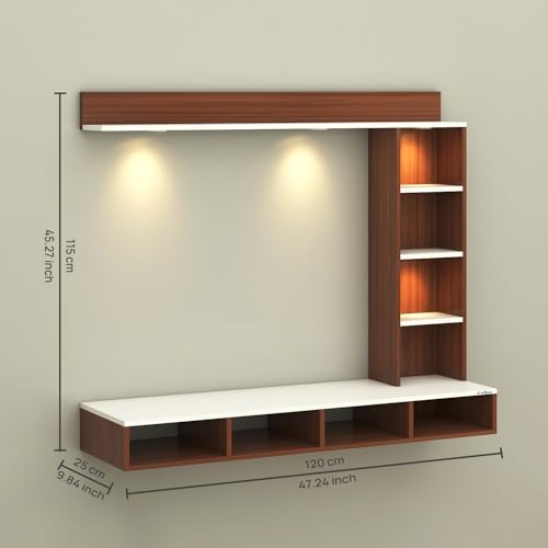 Image of Anikaa Briza Engineered Wood Wall Mounted TV Unit with 4 LED Lights, 9 Open Display Boxes & Shelf Design for Living Room | Ideal for Upto 43 Inch TV- Walnut /White(DIY Installation)
