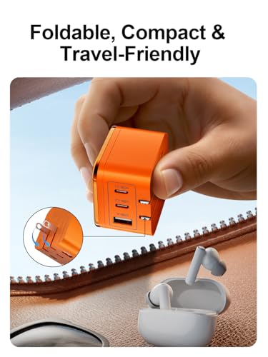 65W GaN USB-C Wall Charger with Touch-Control Night Light, 3-Port Fast Charging Power Adapter (2 USB-C + 1 USB-A), Foldable Plug, PPS Support（Orange） — view 5