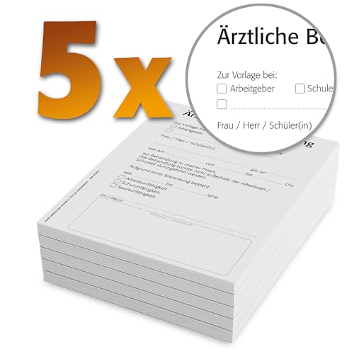 notizblock24 Bescheinigung für Ärzte, 5 Blöcke, je 50 Blatt, A6, für Ihren Praxisdrucker oder zur Handbeschriftung