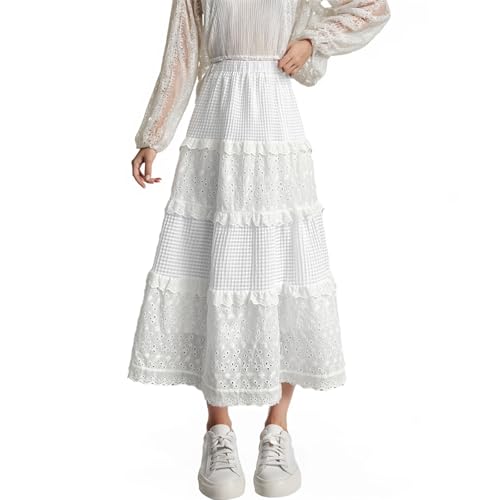 Adorling Damen Weißer Midi-Rock im Cake-Stil – Hochtaillierter Eleganter Rock mit Spitze und Elastischem Bund