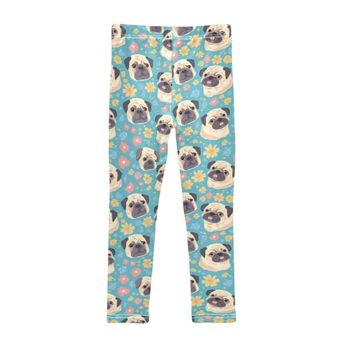 Cute Pug Head Girls' Leggings Toddler Doodles Colorful Flowers Kids Yoga Pants Dance Active Tights 4T2