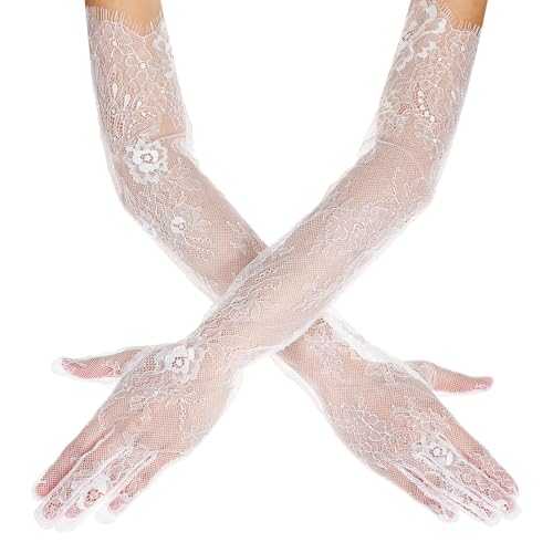 White Mesh Gloves, Soft Lace Gloves Long for Women Elbow Length Bridal and Party Accessory, Suitable for Women with Arm Circumference up to 11 Inches (28cm)