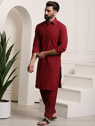 Image of SOJANYA Men's Cotton Silk Pathani Kurta Set with Wide Leg Straight Fit Salwar