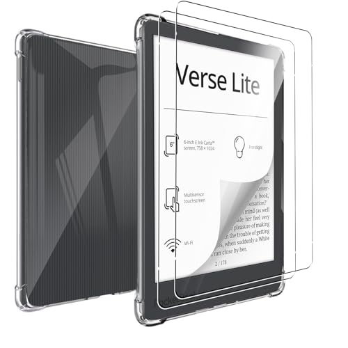 MEMELOKA Hülle für Pocketbook Verse Lite/Verse/Verse PRO/PRO Color 6 Zoll mit 2 Stück Schutzfolie, Weiche Stoßfeste Anti-Gelbfärbung Silikon Schutzhülle mit Verstärkten Airbags - (Transparent)