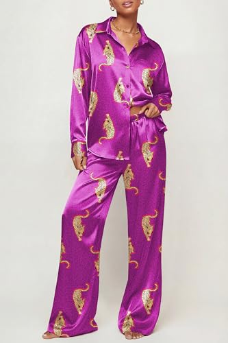 Image of Ekouaer Womens Satin Silky Pajama Set 2 Piece Print PJs Soft Loungewear Button Down Sleepwear with Elastic Waist Long Pants