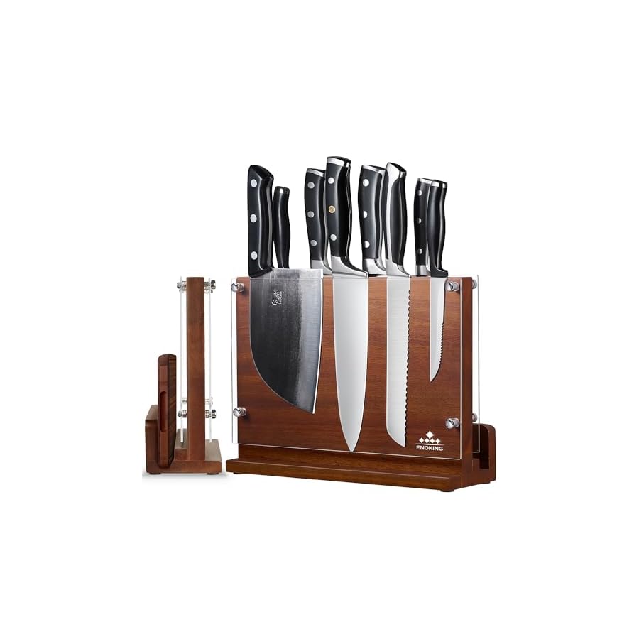 ENOKING-Magnetic-Knife-Block-with-Acrylic-Shield-12-x-9-Inches-Double-Side-Kitchen-Knife-Holder-without-Knives-Acacia-Wood-Universal-Knife-Storage-Organizer-with-Powerful-Magnet-for-Kitchen-Counter ENOKING Magnetic Knife Block with Acrylic Shield 12 x 9 Inches, Double Side Kitchen Knife Holder without Knives- Acacia Wood Universal Knife Storage Organizer with Powerful Magnet for Kitchen Counter