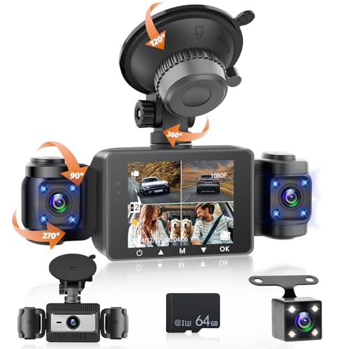 Fuluku 360 Grado Vista 4 Canales Dash CAM Delantera y Trasera Interior Izquierda Derecha, 1080P Dash Camera, Incluye 64GB Card/G-Sensor/Cámara Trasera/24H Parking Mode/Night Vision/Loop Recording