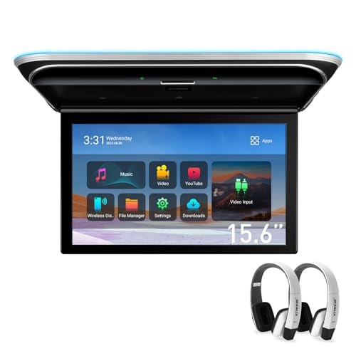 XTRONS Android Car Overhead Player 15.6” Wide IPS Touch Screen 8K Video Car Roof Mount Monitor Built-in Stereo Speakers Flip Down Overhead Car Monitor Support HDMI, USB, 2 White IR Headphones Included