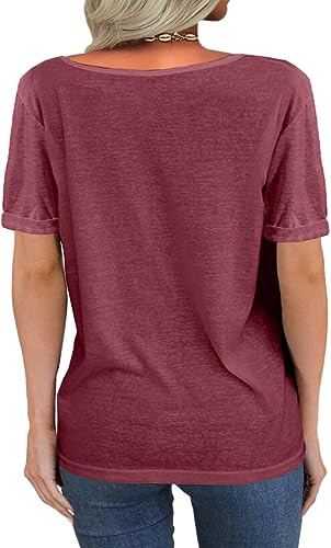 Image of Danedvi Women Deep V-Neck Short Sleeve Tops Solid Casual Loose T Shirt