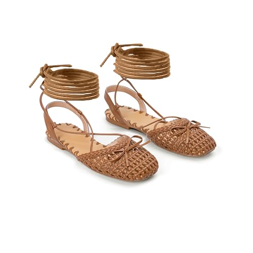 Image of Woven Ballet Flats for Women Lace Up Closed Square Toe Summer Sandals Dressy Shoes