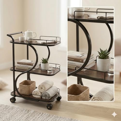 Image of Serving Trolley with Wheels for Home, Tea Food Drinks Serving Kitchen Trolley Restaurant, Hotels,Dining Room bar cart with Wheels (Black-Brown)