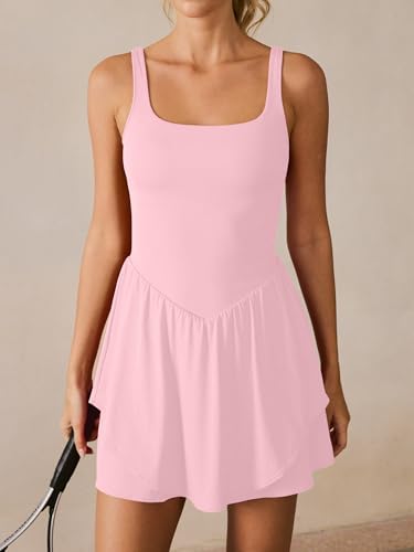 Image of Caracilia Women Tennis Golf Dress with Pocket | Square Neck 2 Layers Hem, Built in Shorts and Bra, Workout Athletic Active Gym, Summer Clothes