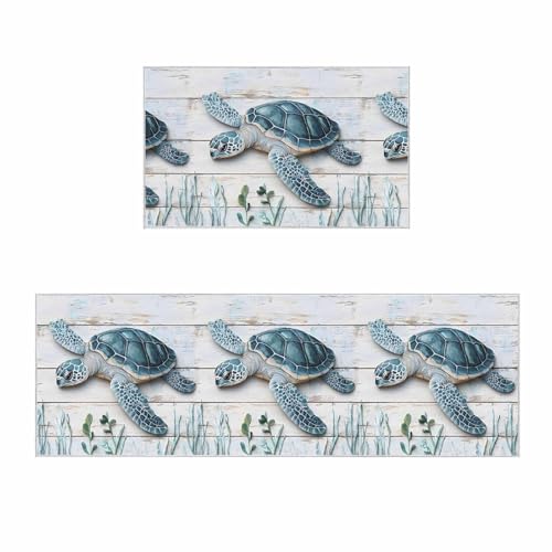 2 Pieces Kitchen Rugs and Mats,Summer Ocean Teal Turtle Seagrass Area Runner Rug Set Non Slip Floor Doormat Washable Carpet Standing Mat for Kitchen Sink Indoor Corridor,Retro White Wood Plank