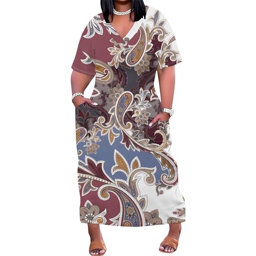 Image of Plus Size Maxi Dress for Women Short Sleeve V Neck Casual Loose Sundress with Pockets