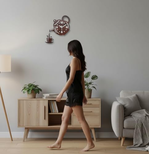 Image of Designer Wooden Wall Clock | Unique Teapot Shape Wall Clock for Home, Kitchen, Living Room & Office | Decorative Modern Acrylic Wall Clock (Dark Woode)