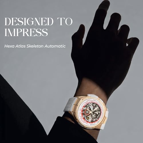 Image of HEXA Atlas Automatic Mechanical Skeleton Chronograph Watch for Men | Miyota Japan Movement | Transparent Analog Dial | 42.5 mm Stainless Steel Case | White Silicone Strap | Sapphire Crystal | 5ATM Water Resistant Luxury Watch