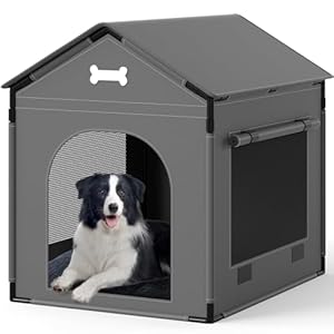 Large Dog House Indoor with Plush Cushion, Dog Kennel for Inside with Sturdy Frame, Waterproof Pet House Suitable for Small Medium Dogs, 27x21x27in, Gray