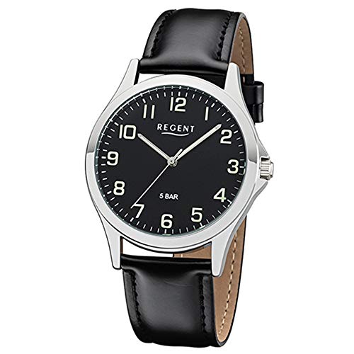 Regent Herren Armbanduhr aus Edelstahl und Leder in der Farbe Silber-Schwarz 40mm, Wasserdichtigkeit: 5Bar, 11110756