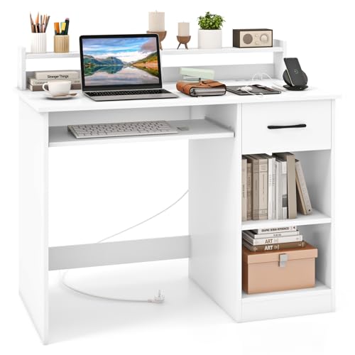 COSTWAY Schreibtisch mit Ladestation, Kleiner Computertisch mit Tastaturablage, Schublade & verstellbarem Regal, moderner Bürotisch, PC-Tisch für Schlafzimmer, Büro, weiß, 105 x 55 x 89 cm