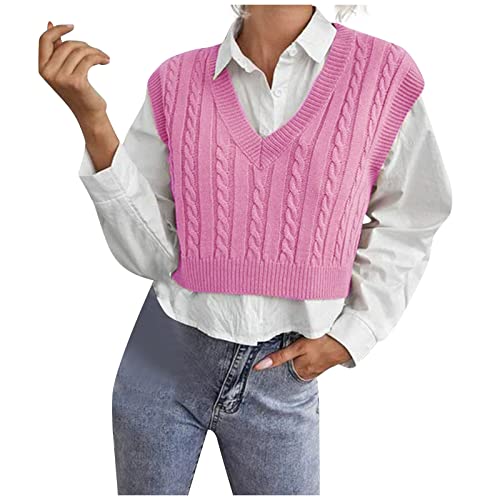 UODSVP Sweater Vest, Kawaii Hoodie Oversized Knit Sweaters for Women V Neck Sweater Vests Men Y2K Women's Casual V-Neck Pullover Shirt Collision Color Sleeveless Sweater Vest Brown Pink (XXL, F-Pink)