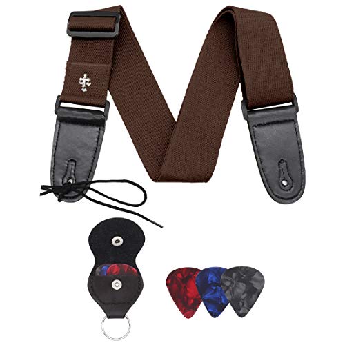 Comfortable Cotton Guitar Strap, DERBWAY Guitar Belt,With Pick Pocket and 3 Picks, Adjustable with PU Leather Ends for Bass, Electric & Acoustic Guitars, 5cm Wide, 90-155cm Length, Brown/Khaki