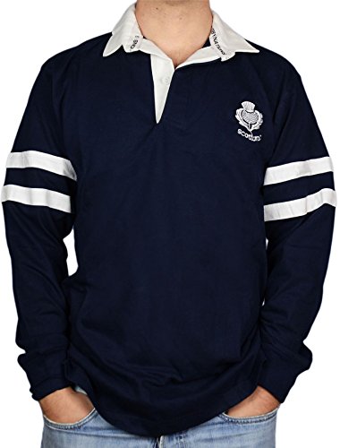 I LUV LTD Gents Scottish Rugby Shirt 2 Stripe and Thistle Long Sleeve Navy Medium
