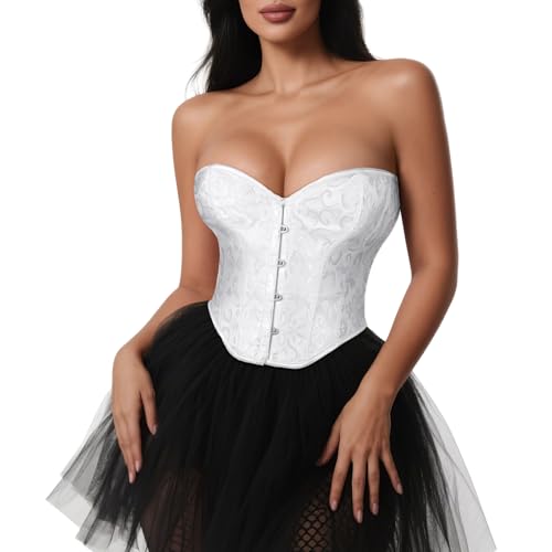 VONMELLI Corset Tops for Women Lace Up Overbust Bustier Shapewear Lingerie Cosplay Costume White L