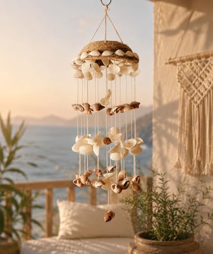 Image of Sea Shell Decorative Wind Chime for Home, Garden, Balcony Decor | Mini Door Hanger | Soothing Rain Sound & Very Lucky According to Vastu | Attracts Good Luck 15 Inch (White)