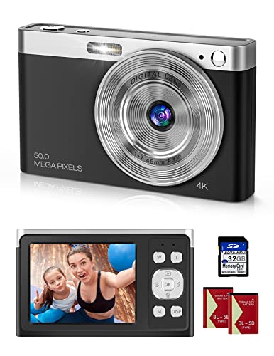 4K Ultra HD Mini-Videokamera 50 MP 2, 88-Zoll-LCD-wiederaufladbare Studenten-Kompaktkamera mit 16-fachem Digitalzoom YouTube-Vlogging-Kamera für Kinder, Erwachsene, Anfänger(Schwarz)