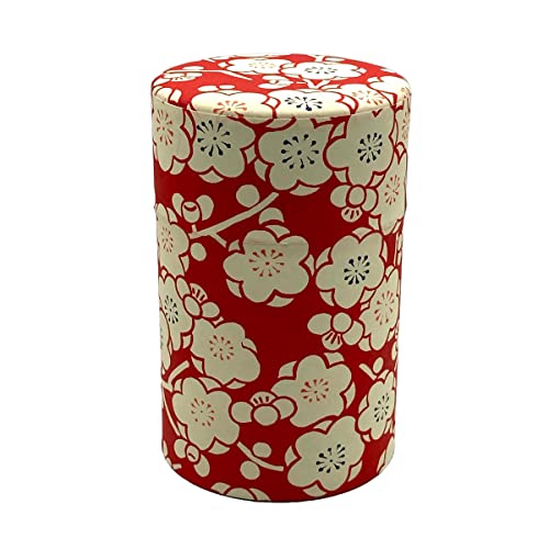 野口熊太郎茶園 茶筒 茶缶 150g 和紙貼 中蓋付き 梅浪漫 日本製 おしゃれ (赤)