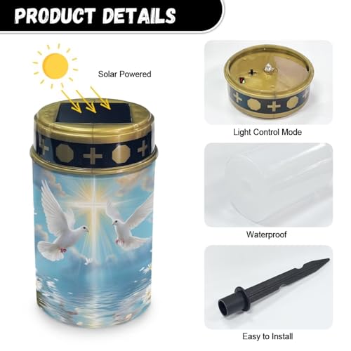 Image of Poceacles Dove of Peace Cross Daisy Print Blue Solar Lights Outdoor Waterproof Cemetery Solar Outdoor Candle Grave Decoration Votive Candles Blessed Lights for Loss of Loves One, 2 Pieces