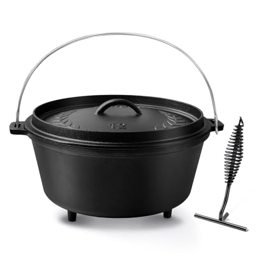 Blingco 8QT Pre-Seasoned Cast Iron Camp Dutch Oven with Lid, Large Camping Dutch Oven Pot with Tripod Stand, incl. Lid Lifter - Dual Handles - for Outdoor Campfire, Grill, Oven & Stovetop Cooking-Black