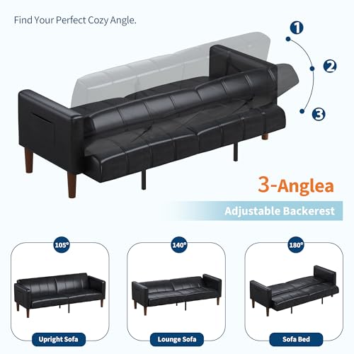 Image of GarveeHome Futon Sofa Bed, 75-Inch Modern Faux Leather Convertible Couch, Mid-Century Loveseat for Small Space, Living Room, Bedroom, Black