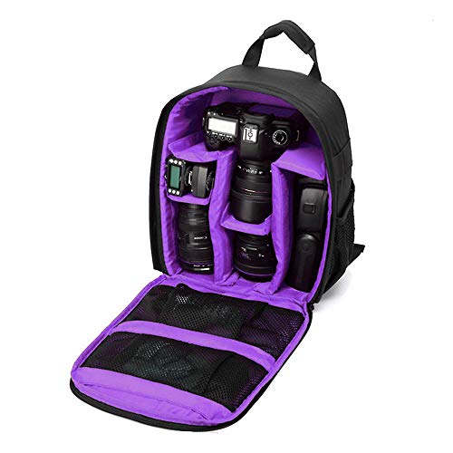 Mochila Fotográfica Impermeável Compacta para Câmeras DSLR e Mirrorless - Cor Preta e Roxa