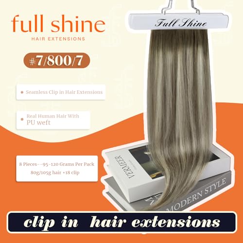 Image of Full Shine Human Hair Extensions Clip ins, Balayage Cool Brown Ombre Blonde | Seamless Ultra-Thin Weft, Long Straight Hair for Women, Heat Styling, Adds Length & Volume, Natural Blend, 22 Inch 8 Pcs 120g