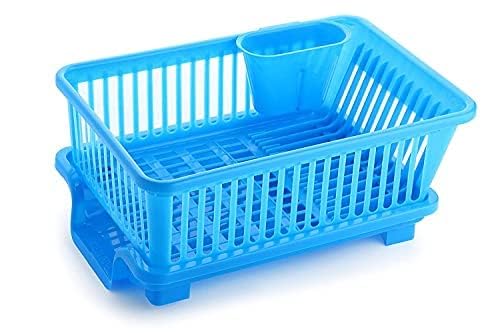 Organizador de cesta de plástico con bandeja y soporte para cubiertos de utensilios (azul)