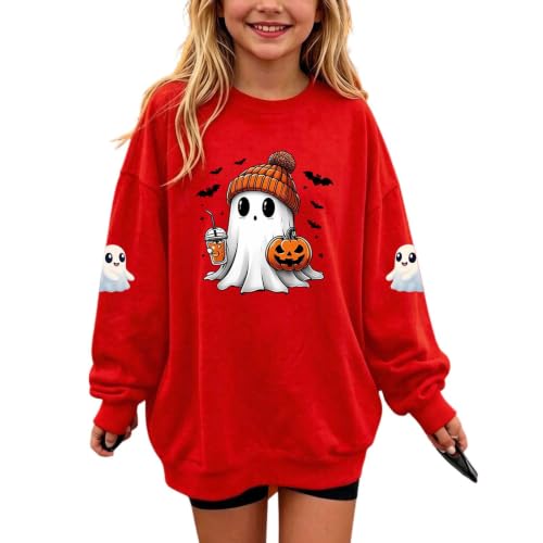 Girls Cute Ghost Knit Hat Pumpkin Drink Halloween Crewneck Sweatshirt - image 1