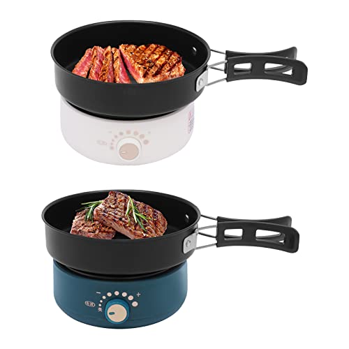 Hot Pot Electric with Foldable Handles, 1.6L Portable Electric Cooker with Egg Steamer Rack, Lid and Bamboo Spatula, Bamboo Spatula with Base, Rapid Noodles Cooker for 1-2 People (Green)