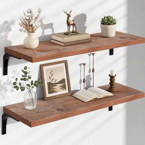Image of 12 Inch Deep Floating Shelves Set of 2, 36 Inch Extra Wide Rustic Brown Solid Pine Wood Wall Shelves, 3ft Heavy Duty Wall Mounted Bookshelf with 100 lbs Capacity for Kitchen & Living Room