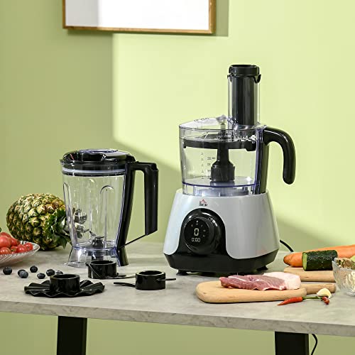 HOMCOM-Procesador-de-Alimentos-Robot-de-Cocina-650W-Bol-de-1L-Vaso-de-125L-Amasador-Batidora-Exprimidor-con-Pantalla-LED-3-Velocidades-Funcion-de-Pulso-Acero-Inoxidable-235x21x175-cm-Plata