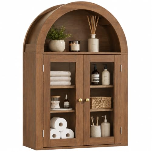 Image of BREEZEHEAT Bathroom Medicine Cabinet Wall Mount-Over The Toilet Storage Cabinet-Arched Wall Cabinet with Glass Doors & Adjustable Shelves, Wood Cabinet for Laundry Room, Kitchen, Living Room, Walnut