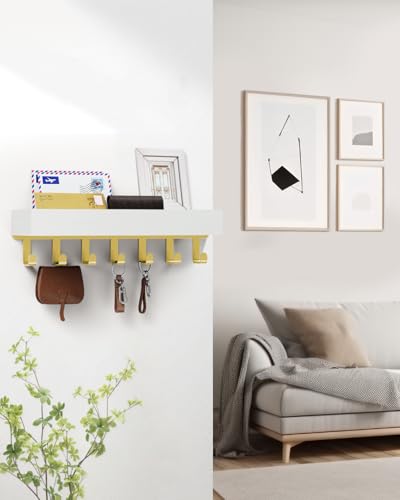 Image of Key Holder Wall Mount Magnetic Adhesive - Key Hooks Rack with shelf | Key Hanger with Mail Organizer for RV Camper Fridge Living Room Decor, Home Essentials, Large Gold White