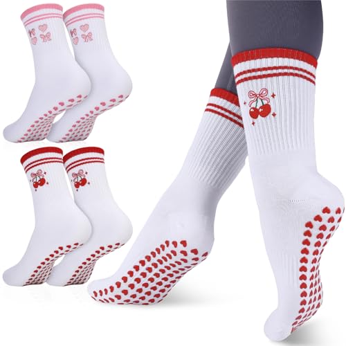 Jspupifip 2 Pairs Pilates Socks with Grip for Women Embroidery Non-Slip Yoga Socks with Heart Striped Cherry Bow Patterns for Barre Workout Hospital (2 Pairs)