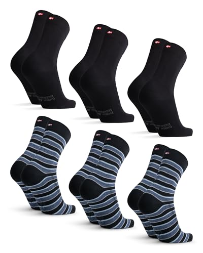 DANISH ENDURANCE Calcetines de Algodón Orgánico, Suaves, Transpirables, Hombre y Mujer, 6 Pack Multicolor (3x Negro, 3x Rayas Negras) 39-42